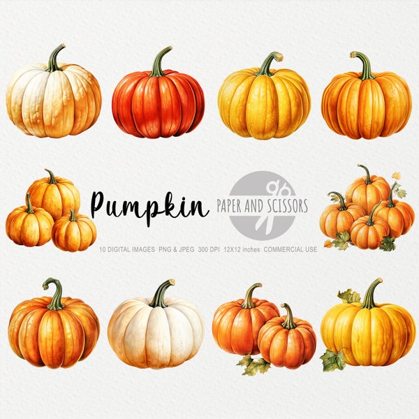 Watercolor Pumpkin Clipart, Pumpkin PNG, Autumn and Fall illustrations, Thanksgiving PNG, Halloween ClipArt, Autumn Decoration, Fall Print