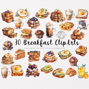 30 cliparts de café da manhã, PNG de café da manhã, ovos, pratos de waffle em aquarela, livro de receitas, muffins, panquecas, comida, pão, torradas de abacate, café, bolo