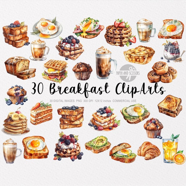 30 Breakfast ClipArts, Breakfast PNG, Eggs, Watercolor Waffle Dishes, Cookbook, Muffins, Pancakes, Food, Bread, Avocado Toast, Coffee, Cake