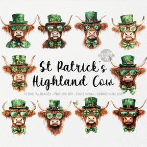 10 cliparts vache Highland pour la Saint-Patrick, sublimation PNG, aquarelle noeud rétro, Illustration trèfle, art irlandais, Coquette Shamrock imprimable