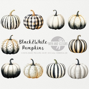 Könnte beinhalten: Aquarellillustrationen von acht Kürbissen in Schwarz und Weiß mit verschiedenen Mustern, darunter Streifen, Punkte und Karos. Der Text lautet "Black & White Pumpkins" und enthält Details zu den digitalen Bildern.
