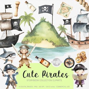 40 Kleine Piraten ClipArts, Insel PNG, Schatzsuche, Aquarell Piratenschiff, Kinderzimmer Illustration, Jungenzimmer, Niedliche Illustration, Tropisch
