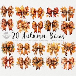 Puede incluir: Una colección de 20 lazos de acuarela en varios tonos de marrón, naranja y dorado, con hojas de otoño y acentos florales. Los lazos están dispuestos en una cuadrícula, con el texto "20 Autumn Bows" en el centro.