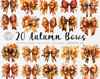 May include: A collection of 20 watercolor bows in various shades of brown, orange, and gold, with autumn leaves and floral accents. The bows are arranged in a grid, with the text "20 Autumn Bows" in the center.