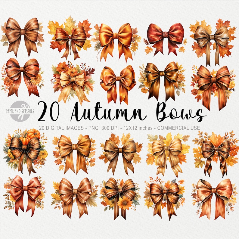 May include: A collection of 20 watercolor bows in various shades of brown, orange, and gold, with autumn leaves and floral accents. The bows are arranged in a grid, with the text "20 Autumn Bows" in the center.