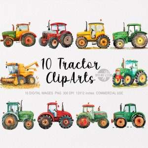10 clipart de veículos trator, aquarela PNG, agricultura, trator combinado, equipamento de colheita, menino de decoração de berçário, download digital
