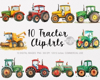 10 Tractor Vehicles Cliparts, Watercolor PNG, Farming, Combine Tractor, Harvesting Equipment, Nursery Decor Boy, Digital Download