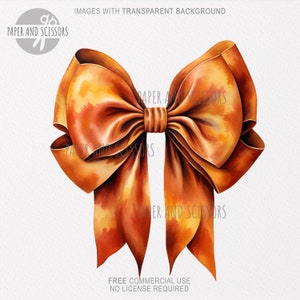 May include: Watercolor illustration of a large, orange bow with long, flowing ribbons. The bow has a textured appearance with shades of orange and yellow. The image includes the text "IMAGES WITH TRANSPARENT BACKGROUND", "PAPER AND SCISSORS", and "FREE COMMERCIAL USE NO LICENSE REQUIRED".