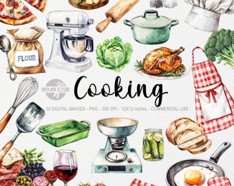 35 Kochen Hobby ClipArt, Koch PNG, Aquarell Essen, Restaurant PNG, Café, Bäckerei, Geschirr, Gericht, Pizza, Salat, Hausfrau, Kawaii Sammelalbum