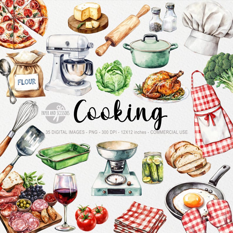 May include: A watercolor illustration of various cooking ingredients and tools, including a pizza, a stand mixer, a rolling pin, a chef's hat, a casserole dish, a whole roasted chicken, a bag of flour, a whisk, a spatula, a green baking dish, a kitchen scale, a jar of pickles, a loaf of bread, a frying pan with a fried egg, a red and white checkered napkin, and red tomatoes. The text "Cooking" is written in a decorative font.