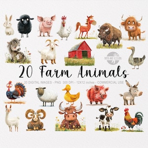 20 cliparts animaux de la ferme, aquarelle des terres agricoles PNG, art mural pour baby shower, décoration de chambre d'enfant, jolie ferme, autocollants, grange, vache, mouton, cheval, original