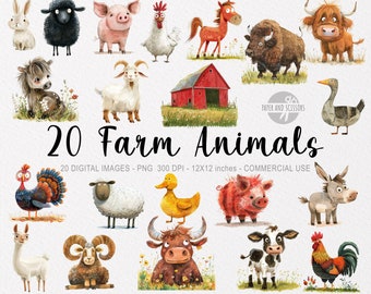 May include: A set of 20 digital illustrations of farm animals, including a rooster, cow, pig, sheep, donkey, goat, duck, horse, turkey, llama, and more. The illustrations are in a cartoon style and are perfect for use in digital projects.