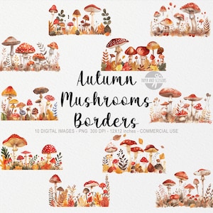 10 Autumn Mushroom Border ClipArts, Fall Decor, Watercolor Halloween, Thanksgiving Sublimation, October Design, Instant Download, Leaves
