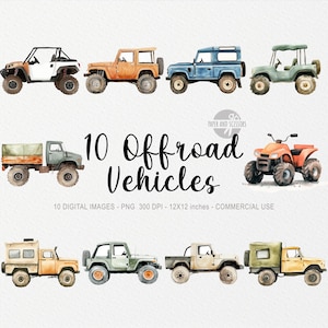 10 Geländewagen Cliparts, LKW PNG, niedliches Aquarell, kleiner Forscher, Dschungel, Autotransport, Babyparty, Sublimation, Kinderzimmer Dekor Junge