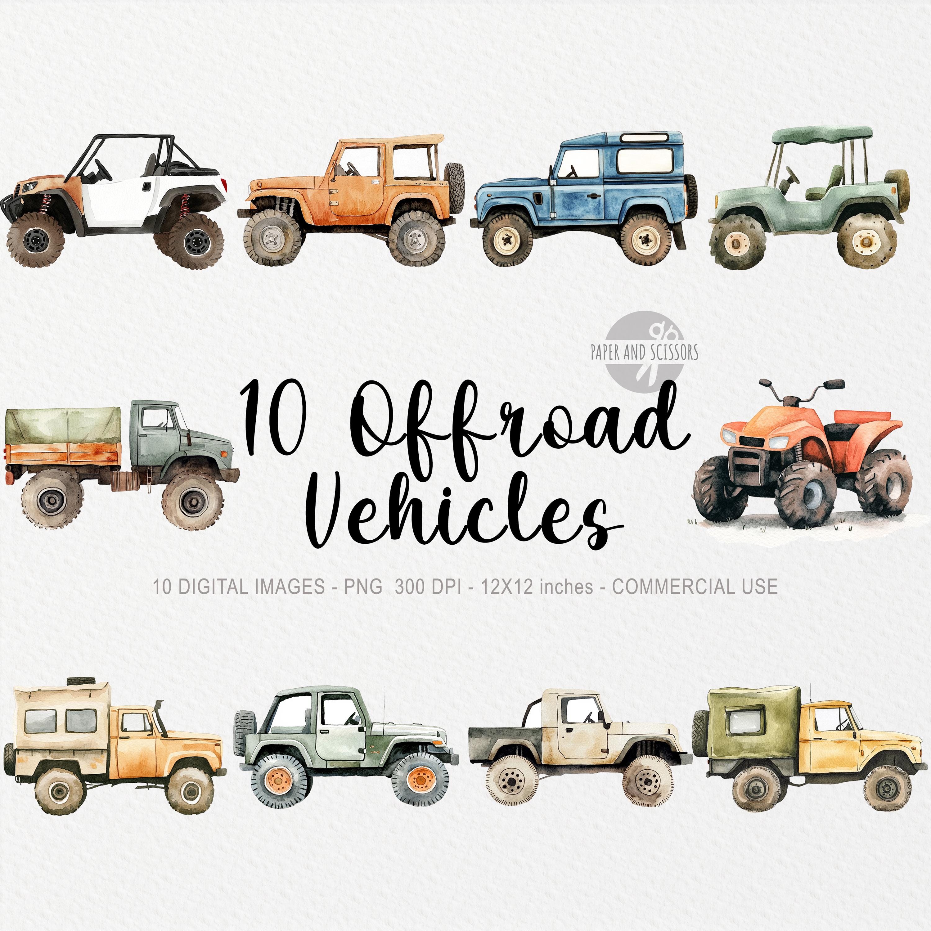 10 imágenes prediseñadas de vehículos todoterreno, camión PNG, acuarela adorable, pequeño explorador, jungla, transporte en coche, baby shower, sublimación, decoración de guardería para niño
