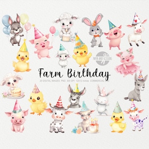 Clipart de animais de aniversário de fazenda de bebê, PNG de fazenda, arte de parede de berçário, chá de bebê, peças centrais de fazenda imprimíveis, topper de bolo de fazenda de festa de aniversário