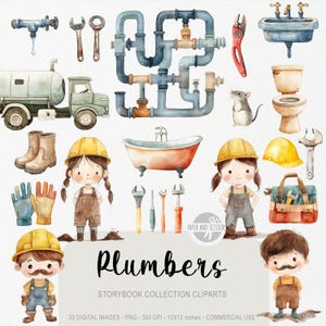 Könnte beinhalten: Aquarellillustration mit Sanitärwerkzeugen, einem Lastwagen, einer Badewanne und Cartoonfiguren von Klempnern. Das Bild enthält eine Vielzahl von Werkzeugen, eine Toilette und ein Waschbecken. Der Text "Plumbers" ist prominent dargestellt.