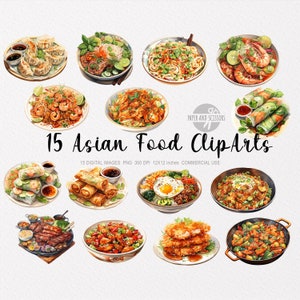 15 asiatische Gerichte ClipArt, asiatische Gerichte PNG, asiatisches Essen Illustration, Aquarell asiatische Gerichte, Essen Clipart, Essen PNG