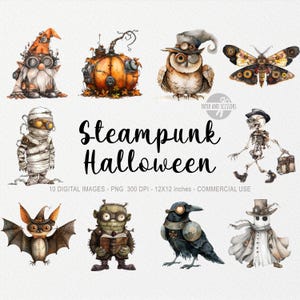 10 Steampunk Halloween ClipArt, Halloween Cyrberpunk PNG, Gruselige Deko, Kürbis Gnom, Aquarell Illustration, Mumie, Skelett, Rabe, Fledermaus