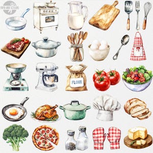 May include: Watercolor illustrations of various kitchen and cooking items, including a stove, a mixer, a pot, a pan, a bowl of salad, a bag of flour, a chef's hat, a pizza, a loaf of bread, a pitcher of milk, a cutting board, a spatula, a whisk, a spoon, a pair of oven mitts, a pair of salt and pepper shakers, a chicken, a frying pan with an egg, a scale, a casserole dish, a bunch of broccoli, a plate of tomatoes, a plate of cheese, and a red and white checkered apron.