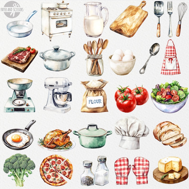 May include: Watercolor illustrations of various kitchen and cooking items, including a stove, a mixer, a pot, a pan, a bowl of salad, a bag of flour, a chef's hat, a pizza, a loaf of bread, a pitcher of milk, a cutting board, a spatula, a whisk, a spoon, a pair of oven mitts, a pair of salt and pepper shakers, a chicken, a frying pan with an egg, a scale, a casserole dish, a bunch of broccoli, a plate of tomatoes, a plate of cheese, and a red and white checkered apron.