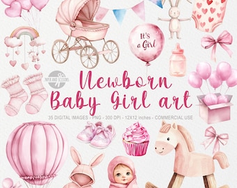 35 imágenes prediseñadas de acuarela rosa de bebé niña recién nacida, PNG para guardería, ilustración para baby shower, decoración de guardería, fiesta de revelación de género, cumpleaños de niña