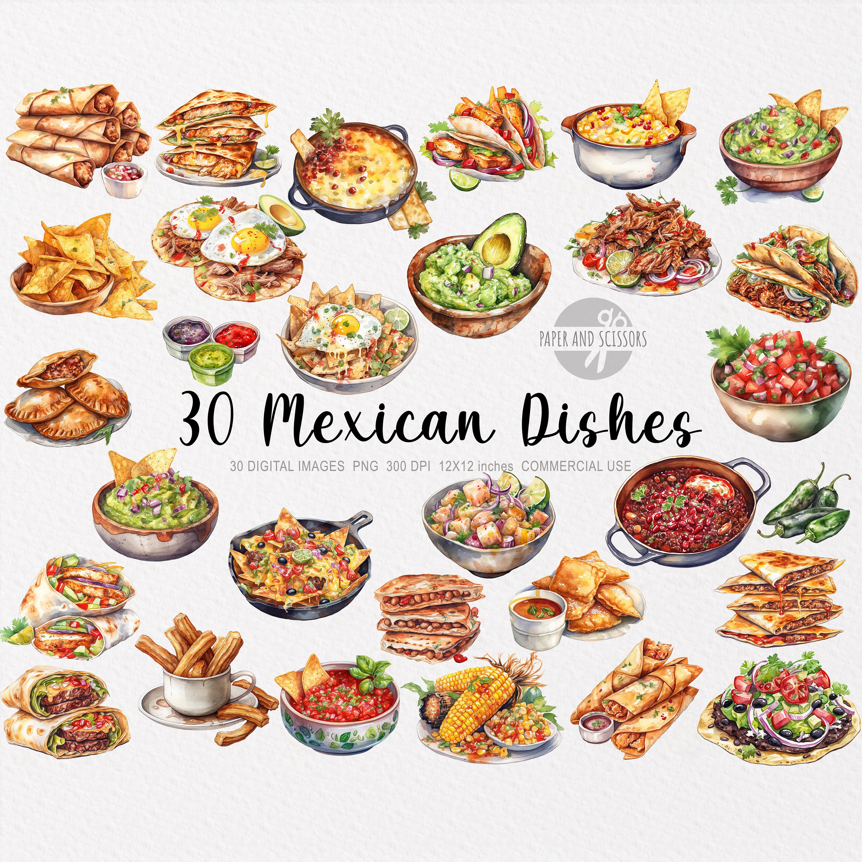 30 Mexican Food ClipArts, Mexican Food PNG, Mexican Food illustration, Watercolor Mexican Dishes, Tacos, Burritos, Quesadillas, Guacamole
