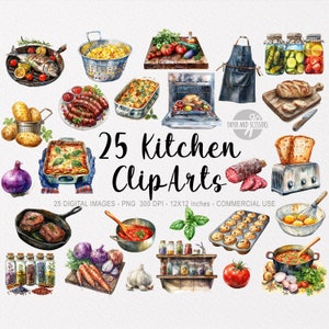 25 keuken cliparts, aquarel koken, recepten van de chef-kok, kookboek illustratie, voedselbundel PNG, diner, groenten, vlees, BBQ, Instant