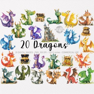 20 niedliche Drachen ClipArts, Drachen Aquarell PNG, Babyparty-Wand-Kunst, Kinderzimmer Dekor, niedlichen Drachen, Aufkleber, Schatz, Schloss, Kinder Kunst