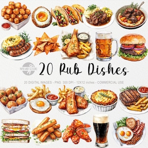 Könnte beinhalten: Aquarellillustration von 20 Pub-Gerichten, darunter Tacos, Fish and Chips, Burger und mehr. Das Bild enthält den Text "20 Pub Dishes" und "20 Digital Images - PNG 300 DPI - 12x12 inches - Commercial Use."