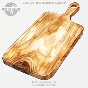 May include: A watercolor illustration of a wooden cutting board with a handle. The board is light brown with darker brown wood grain. The handle is a simple loop.