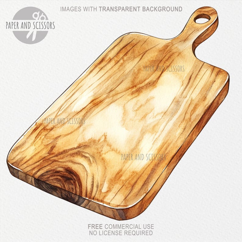 May include: A watercolor illustration of a wooden cutting board with a handle. The board is light brown with darker brown wood grain. The handle is a simple loop.