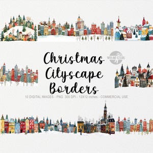 10 Christmas Cityscape Borders ClipArt, Christmas Village PNG, Jarmark Bożonarodzeniowy, Przytulna Zima, Dom Bożonarodzeniowy, Wysoka Jakość, Natychmiastowe Pobieranie