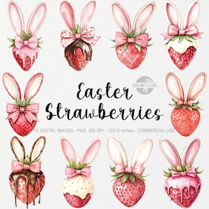 10 cliparts de fraises de Pâques, oreilles de lapin PNG, aquarelle de printemps, art d'oeufs de Pâques BCBG, illustration de nourriture mignonne, scrapbooking, sublimation