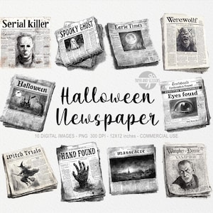 May include: A collection of grayscale Halloween-themed newspaper images. Headlines include "Serial Killer," "Spooky Ghost," and "Werewolf." The central text reads "Halloween Newspaper." The images are 12x12 inches and for commercial use.