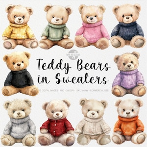 10 oursons en peluche Clipart aquarelle, mignon hiver ours en peluche PNG, illustration ours brun, décoration de chambre d'enfant, baby shower, anniversaire de bébé