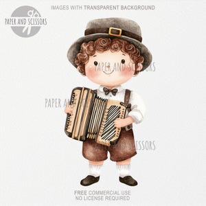 May include: Watercolor illustration of a child in traditional German attire, holding an accordion. The child wears a brown hat, shorts, and suspenders, a white shirt, and a black bow tie. The image includes the text "IMAGES WITH TRANSPARENT BACKGROUND" and "FREE COMMERCIAL USE NO LICENSE REQUIRED".