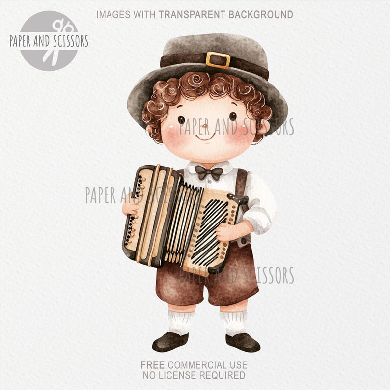 May include: Watercolor illustration of a child in traditional German attire, holding an accordion. The child wears a brown hat, shorts, and suspenders, a white shirt, and a black bow tie. The image includes the text "IMAGES WITH TRANSPARENT BACKGROUND" and "FREE COMMERCIAL USE NO LICENSE REQUIRED".