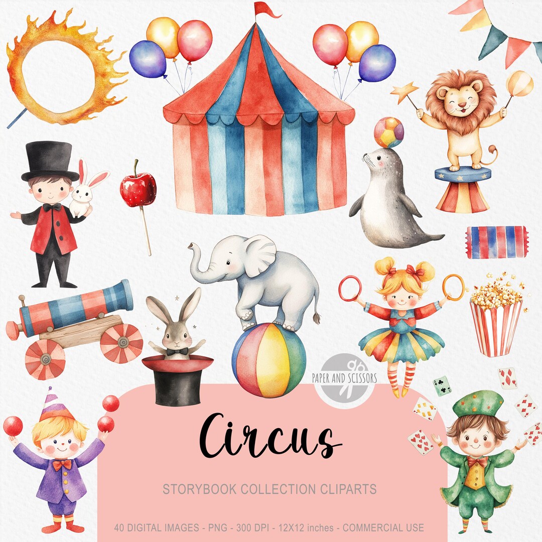 40 Cute Circus Clipart, Watercolor Storybook, Nursery, Little Clown Set ...