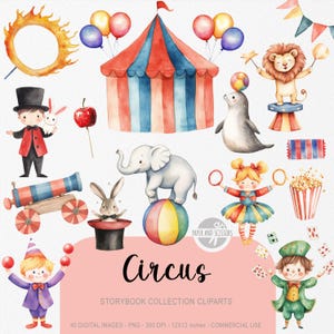 40 niedlich Zirkus Clipart, Aquarell Bilderbuch, Kinderzimmer, kleiner Clown Set, Geburtstagsparty einladen Dekor, sofortiger Download, kommerzielle Lizenz