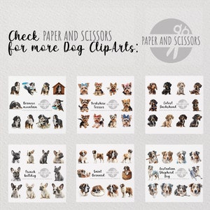 May include: A digital collage of watercolour illustrations of various dog breeds. The breeds include Bernese Mountain Dog, Yorkshire Terrier, Dachshund, French Bulldog, Saint Bernard, and Australian Shepherd. The illustrations are arranged in a grid format with the breed name listed below each image.