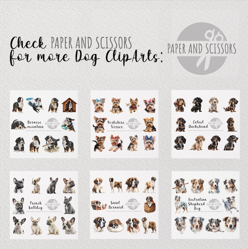 May include: A digital collage of watercolour illustrations of various dog breeds. The breeds include Bernese Mountain Dog, Yorkshire Terrier, Dachshund, French Bulldog, Saint Bernard, and Australian Shepherd. The illustrations are arranged in a grid format with the breed name listed below each image.