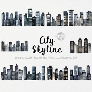 10 Stadt Skyline ClipArt, Gebäude PNG, Wolkenkratzer Illustration, Aquarell Megapolis, Überbau, sofortiger Download, Storybook Stadtansicht