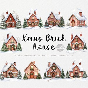 10 Christmas Brick House ClipArts, kerstmis png, decor vakantiehuis, voortuin, schattig herenhuis, rijk familiehuis, kerstkaart DIY-sticker