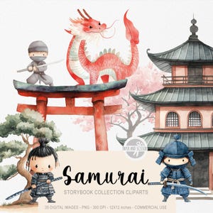 35 ClipArt de Samurai Fofo, Livro de Histórias em Aquarela, Berçário Japonês, Ninja, Convite e Decoração para Festa de Aniversário, Download Instantâneo, Licença Comercial