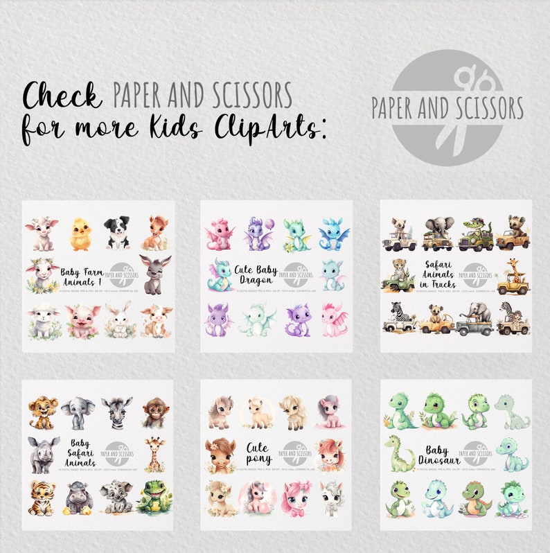 May include: A set of 10 digital clip art images featuring cute baby animals, including farm animals, safari animals, dragons, dinosaurs, and ponies. The images are in a watercolour style and are perfect for use in scrapbooking, card making, and other craft projects.