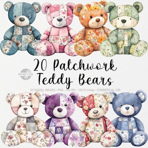 20 cliparts aquarelle patchwork courtepointe ours en peluche, illustration vintage de PNG avec mémoire d'ours en peluche, décoration de chambre d'enfant, baby shower fille garçon, pastel mignon
