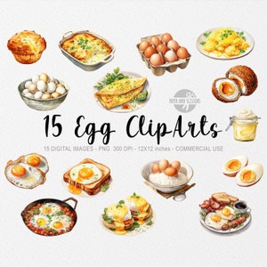 15 ClipArts de huevo, PNG de huevo, Ilustración de huevo, Platos de huevo de acuarela, Libro de cocina, Tortilla, Mayo, Huevos cocidos, Muffins, Descarga instantánea digital