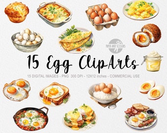 May include: A set of 15 watercolor illustrations of various egg dishes, including scrambled eggs, fried eggs, omelets, deviled eggs, eggs benedict, and eggs in a nest. The illustrations are in a realistic style and are perfect for use in cookbooks, food blogs, or other culinary projects.