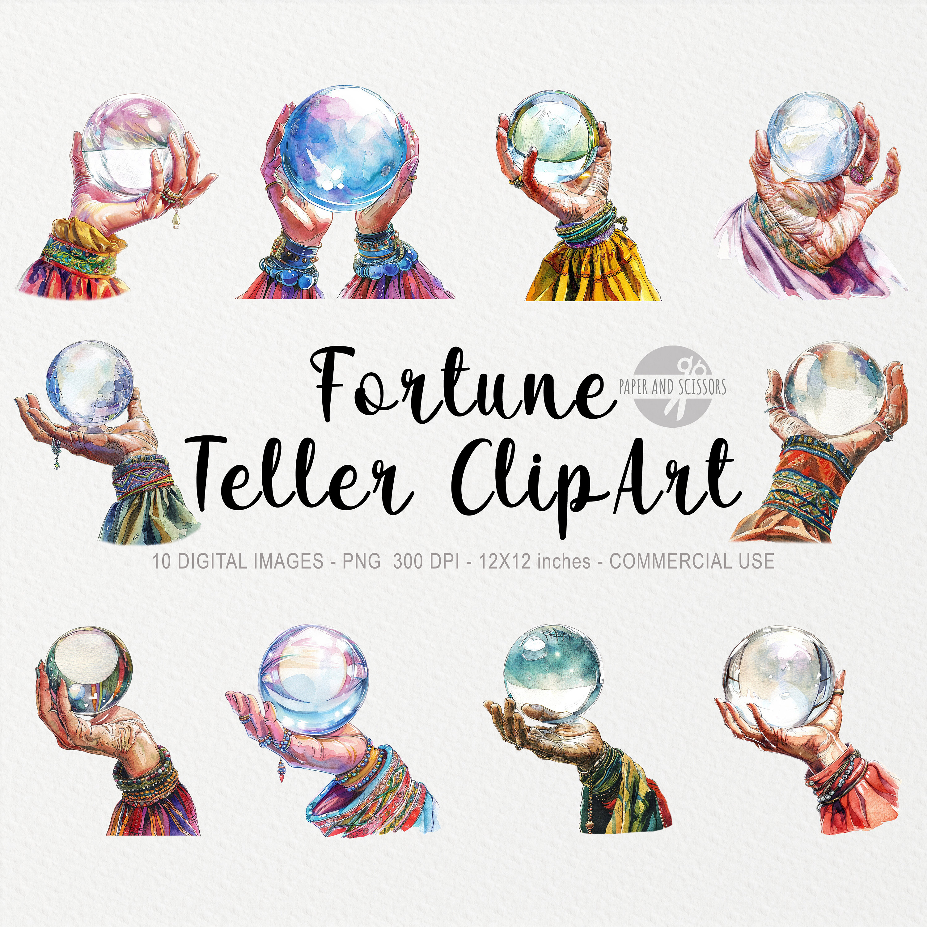 10 Fortune Teller ClipArt, Palm Reader PNG, Spooky Decor, Celestial, Whimsical, Watercolor Illustration, Halloween Design, Instant Download